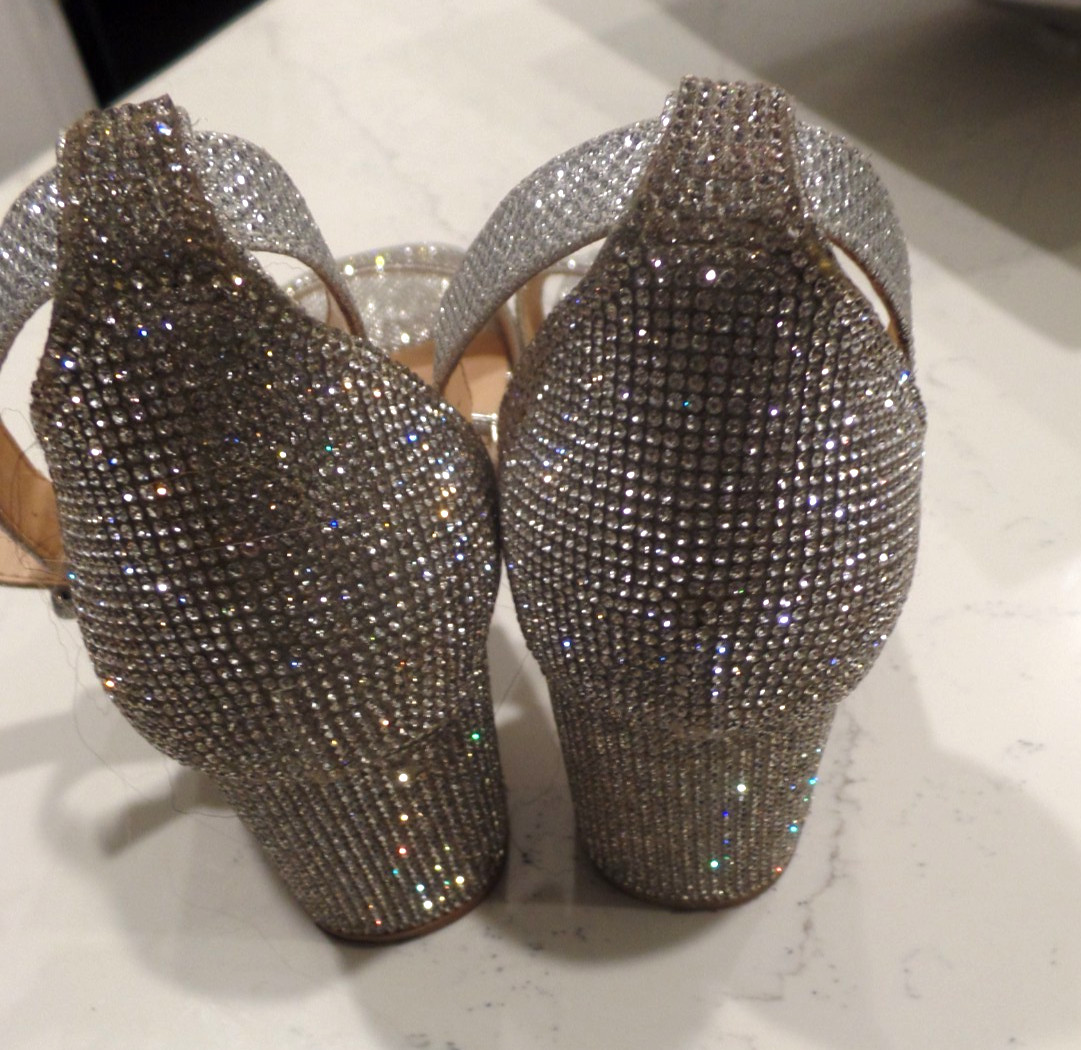 LADIES, SILVER, HIGH HEEL SHOES, WORN ONCE INSIDE, SIZE 9