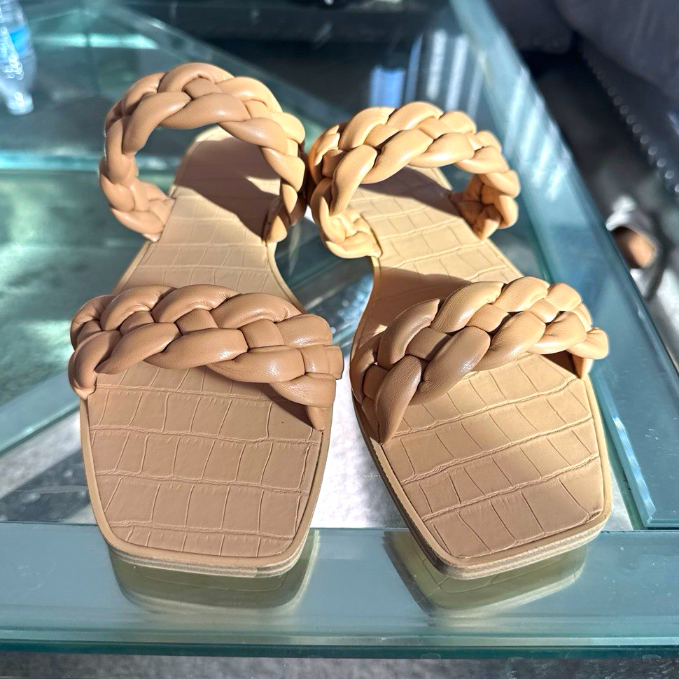 ZBY Women’s Beige Slide Sandals US 8.5 Faux Leather Braided Strap Slip On
