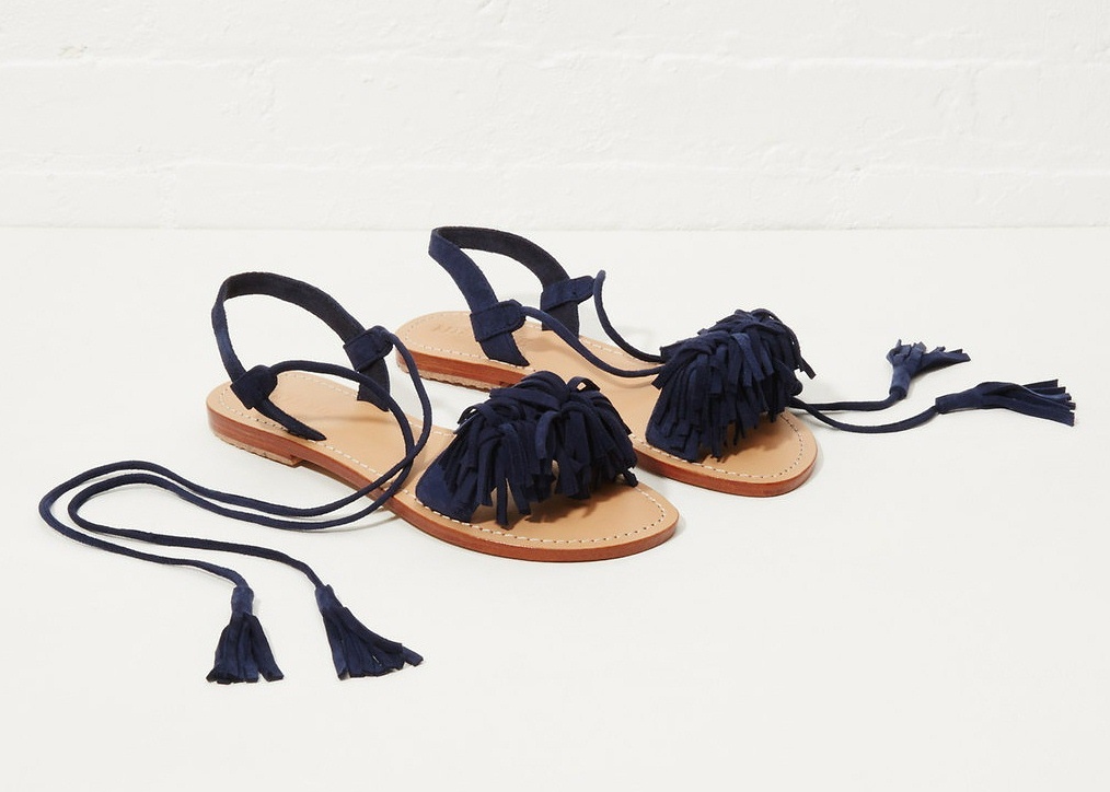 MYSTIQUE Monterey Size 7 Boho Fringe Suede LEATHER Gladiator Sandals Navy Blue