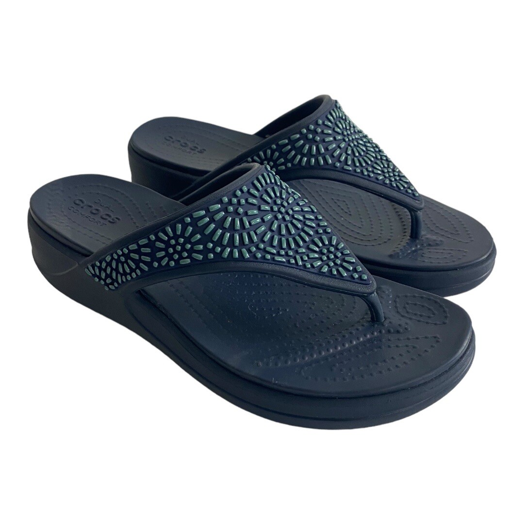 Crocs Monterey Diamante Women’s Navy Wedge Thong Sandals Size 7 Comfort Tongs