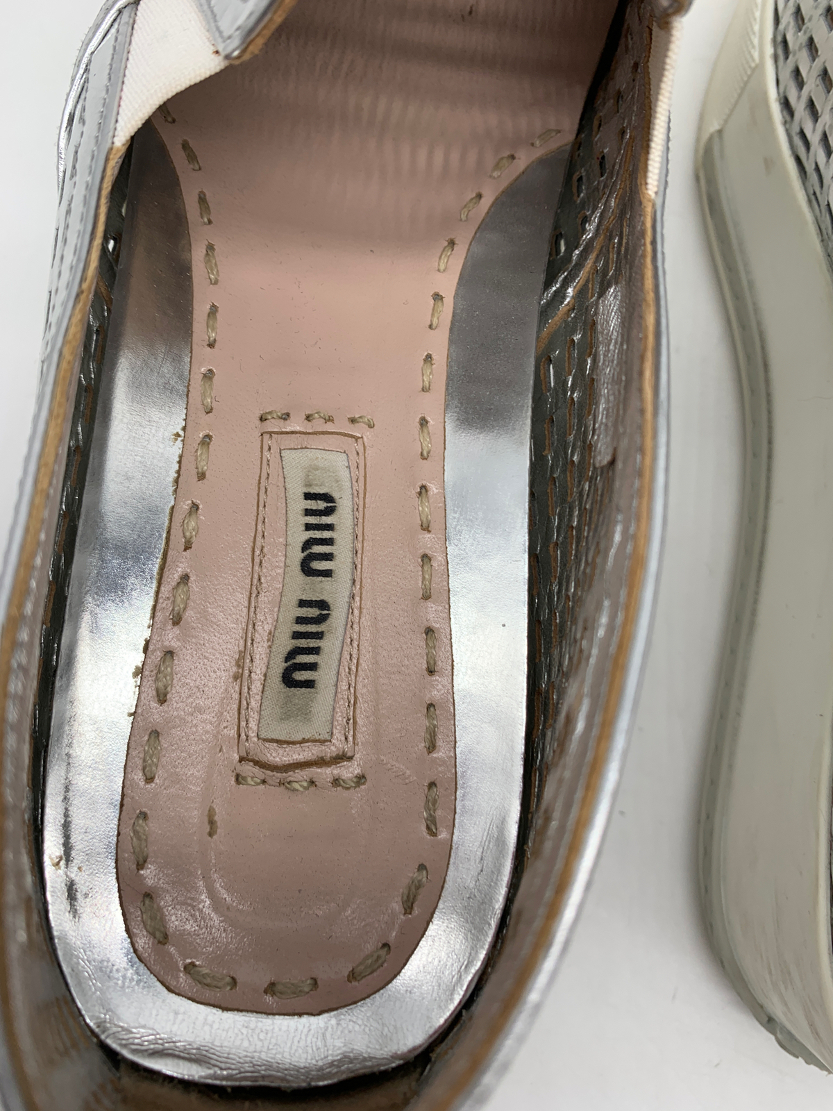 Miu Miu Silver Perforated Metallic Cap Toe Platform Slip On Sneakers sz 38.5