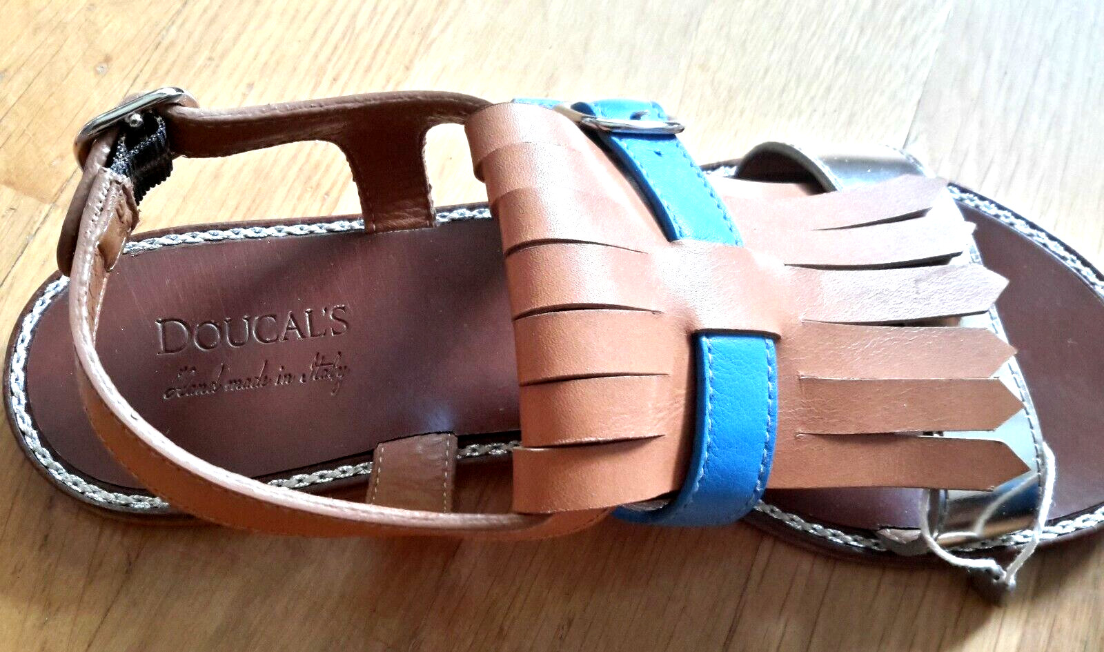 NEW DOUCAL’S LUXURY ITALIAN DESIGNER sandals moccasin tan blue silver IT35 US5 3