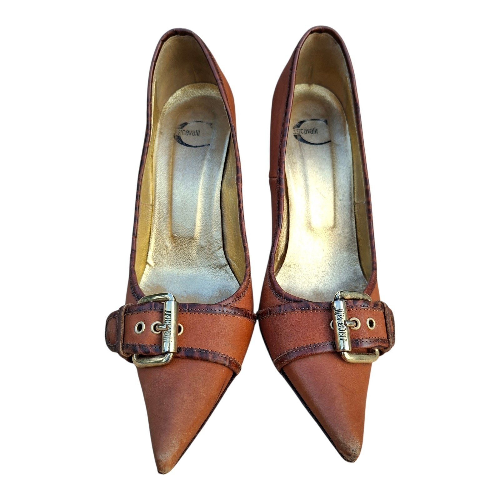 Vintage Just Cavalli Brown Leather Pointy Pumps Gold Buckle Heels Y2K Sz 39