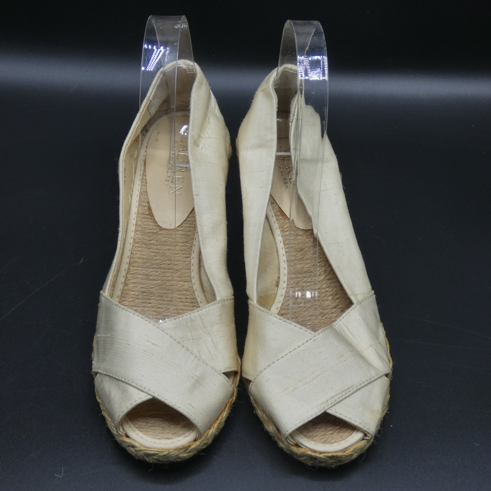 Lauren Ralph Lauren Cecilia Tan Beige Shantung Peep Toe Espadrille Wedge Size 7