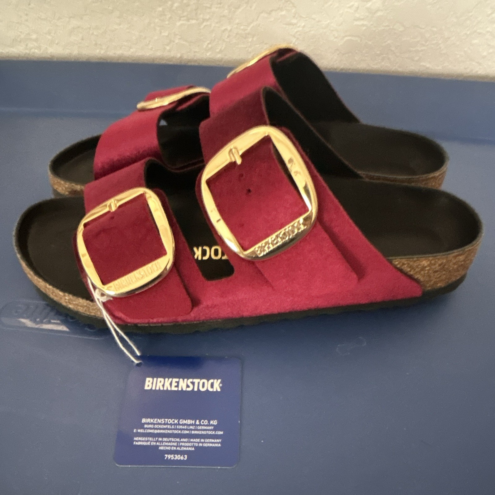 Birkenstock Women’s Burgundy Suede Slide Sandals Gold Buckle Straps Sz 10