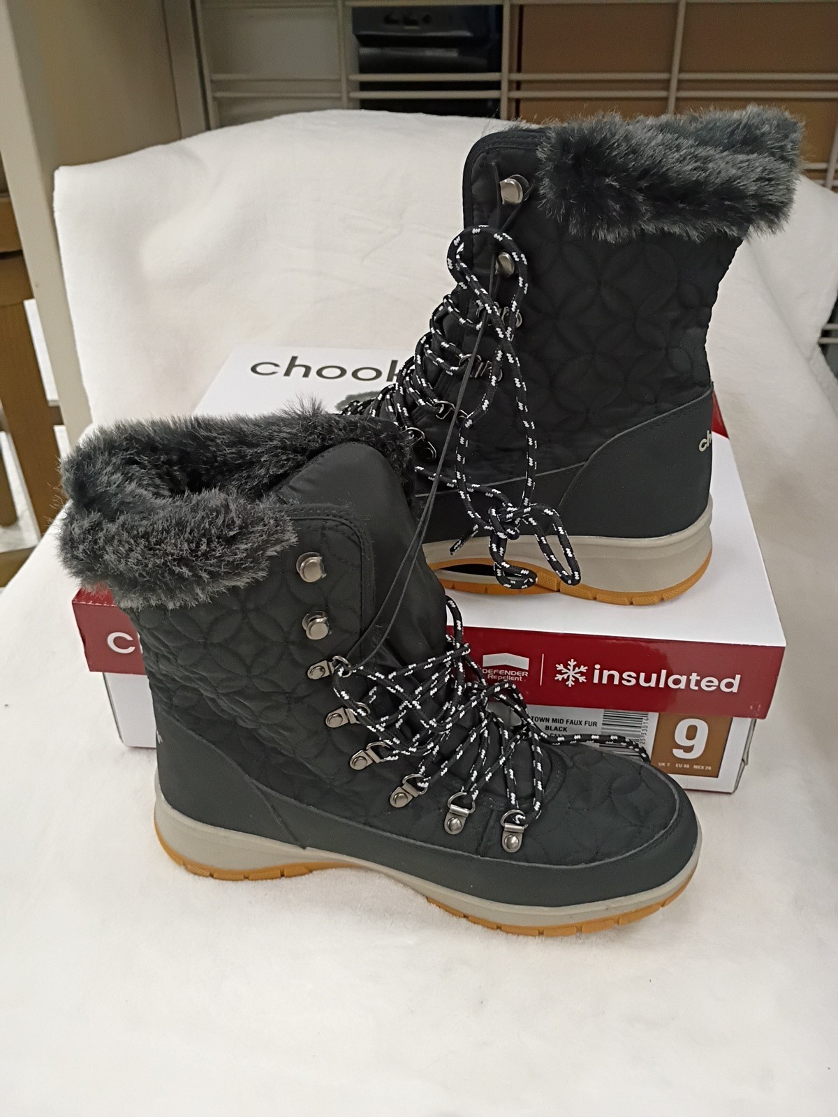 Chooka Women’s Sz 9 Belltown Black Mid Faux Fur Insulated Winter Snow Boots NIB