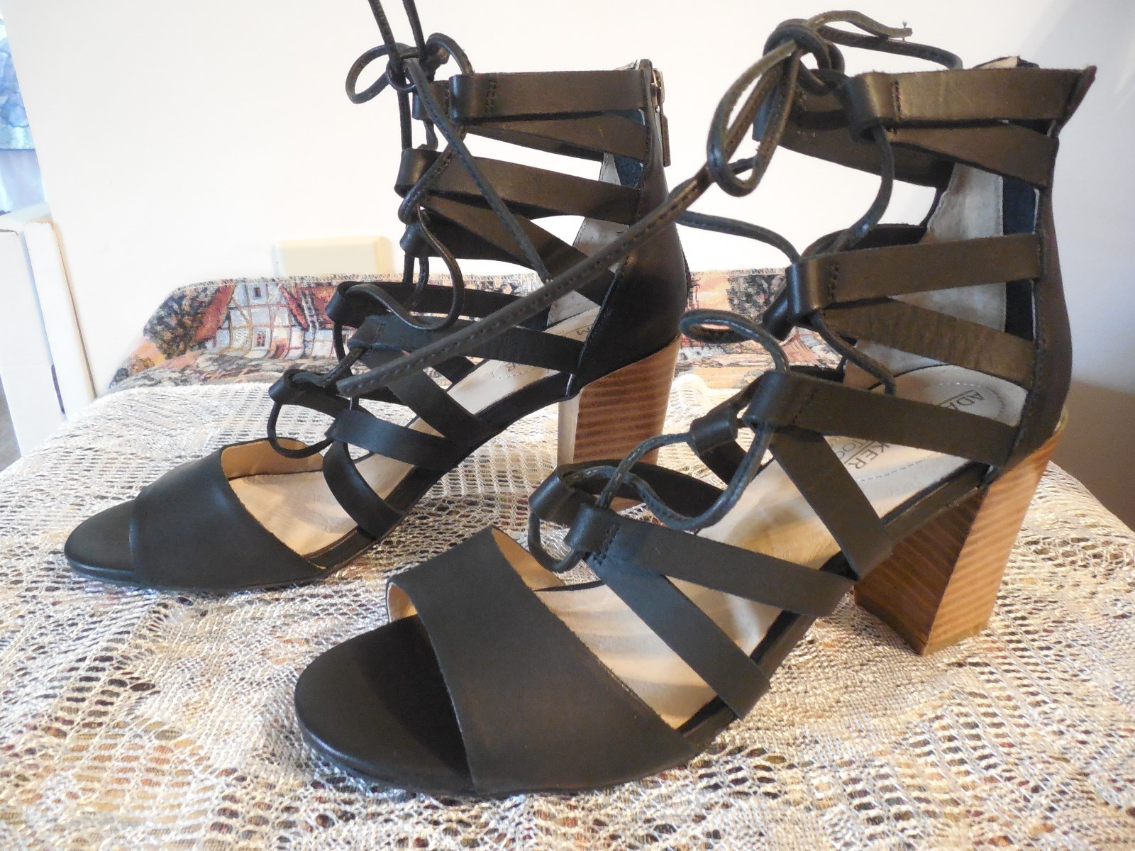 ADAM TUCKER (me too) NEW! Black Leather Ankle Strap size 6.5M heels 3″ lace up