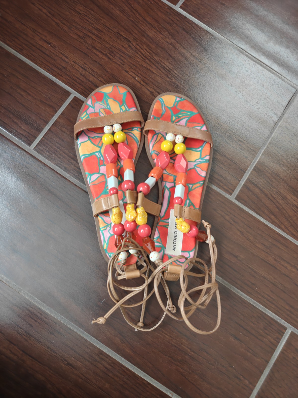 Antonio Melani Loola Beaded Leather Ankle Wrap Flat Sandals
