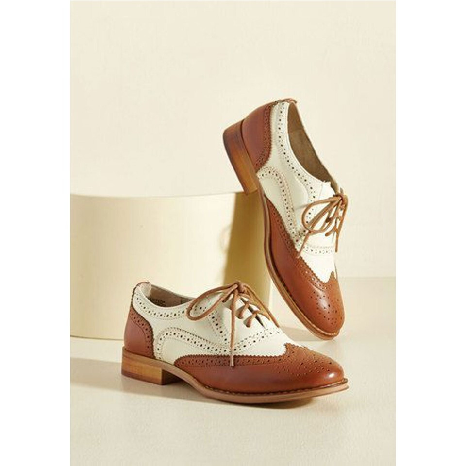 Handmade Women’s White Brown Leather Oxford Lace Up Dress Casual Shoes For Women