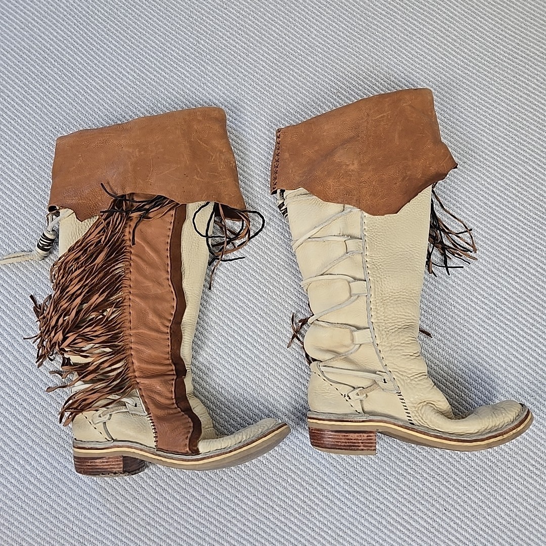 VTG 70s Hand Made Fringed Leather Western Boots Over Knee Concho Womens 9 USA