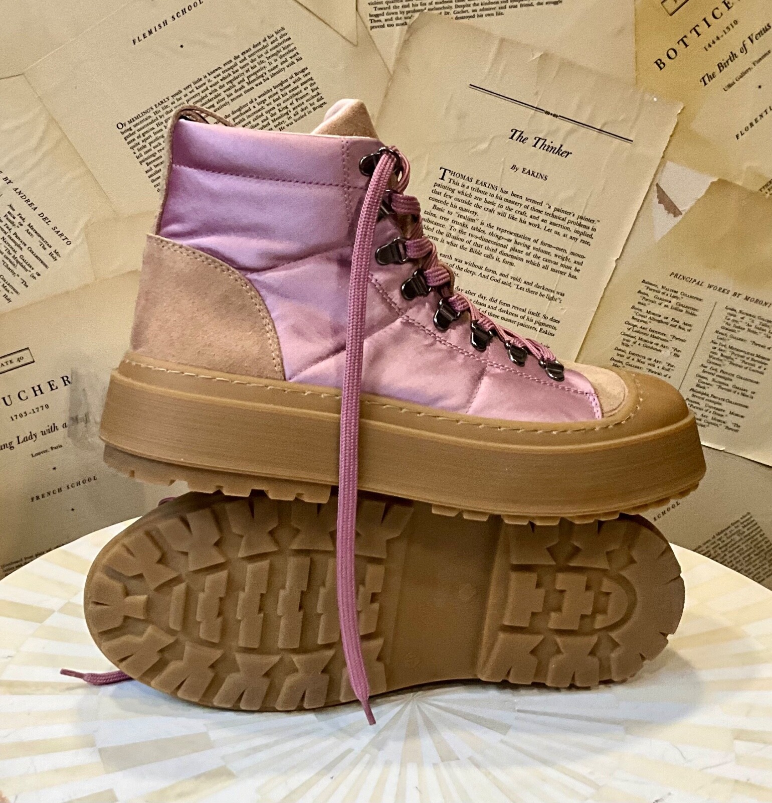 Anthropologie Maeve Hiker Boot Pink Satin Tan Suede Rubber Lace Up 40/ 9-9.5 NEW