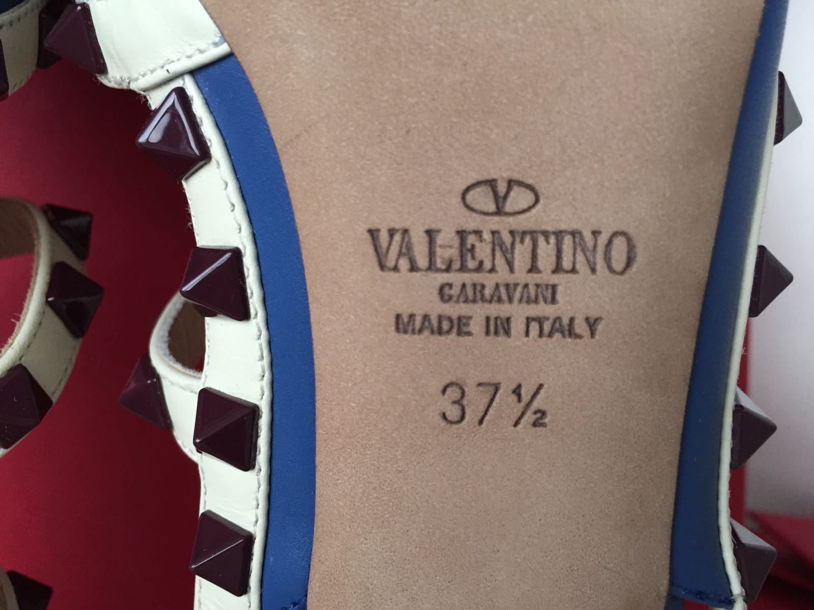 $1.1K VALENTINO ROCKSTUDS BLUE BURGUNDY WHITE HIGH HEEL SANDAL 37.5 NIB