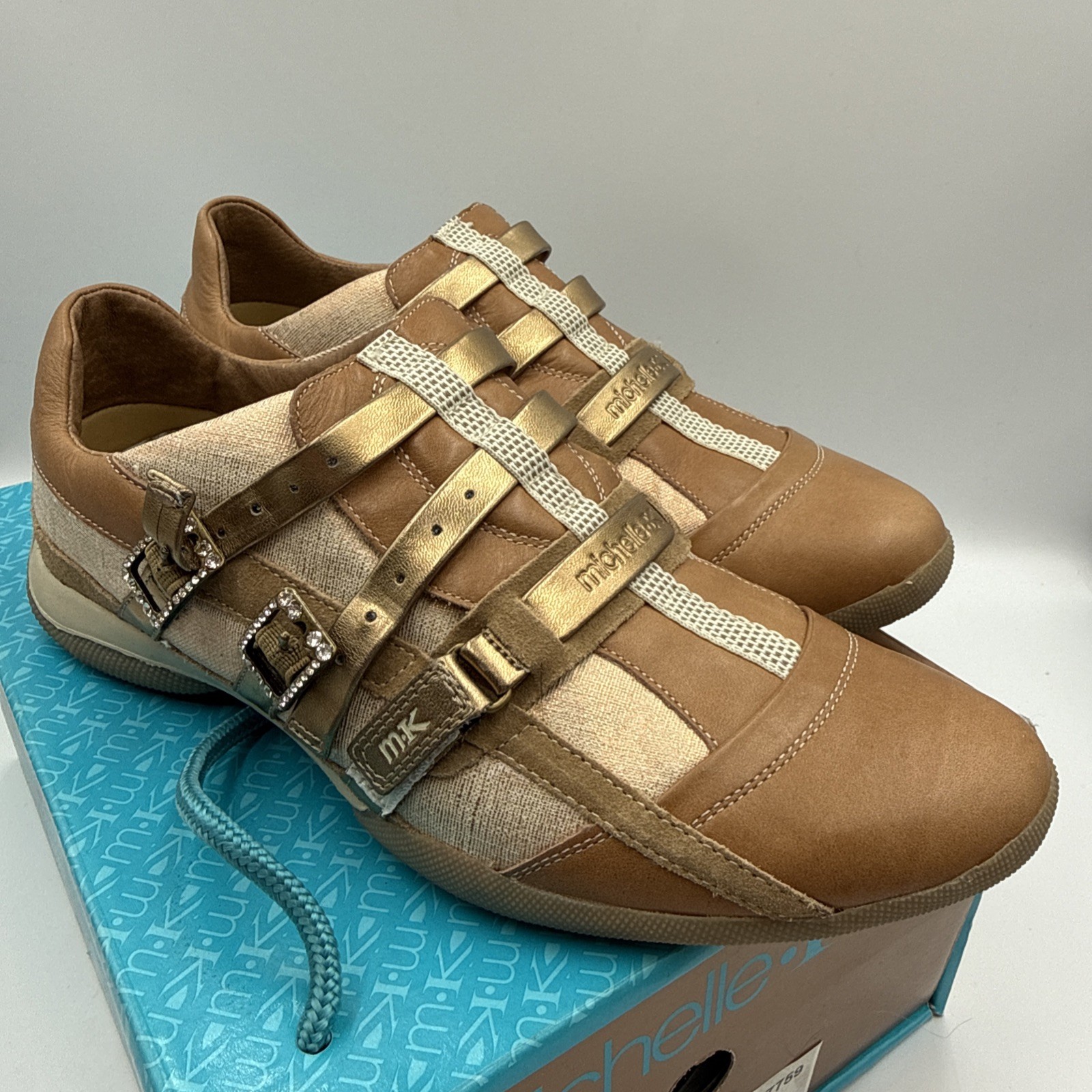Michelle K Sport Women’s Sz 6 Brown Gold Leather Lace Up Athletic Shoes Moxie