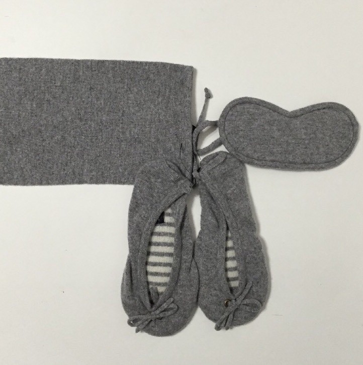 Saks Fifth Ave Womens Gray Cashmere Amenity Travel Kit Slippers Eye Mask Pouch