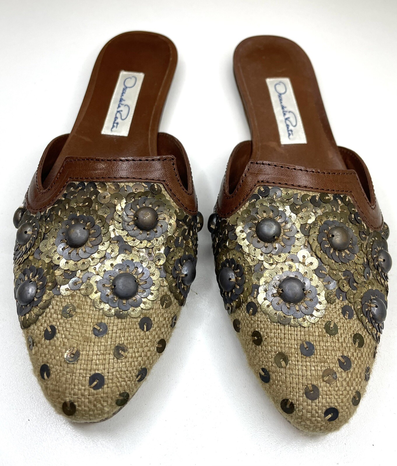 Oscar de la Renta Embellished Canvas & Leather Sequined Mules Size 36 Shoes