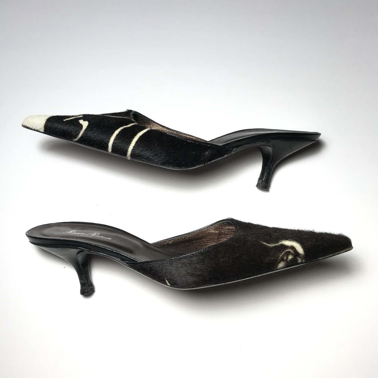 Roger Perrin VTG Y2K Organic Art Deco Calf Hair Point Toe Kitten Heel Mules 39