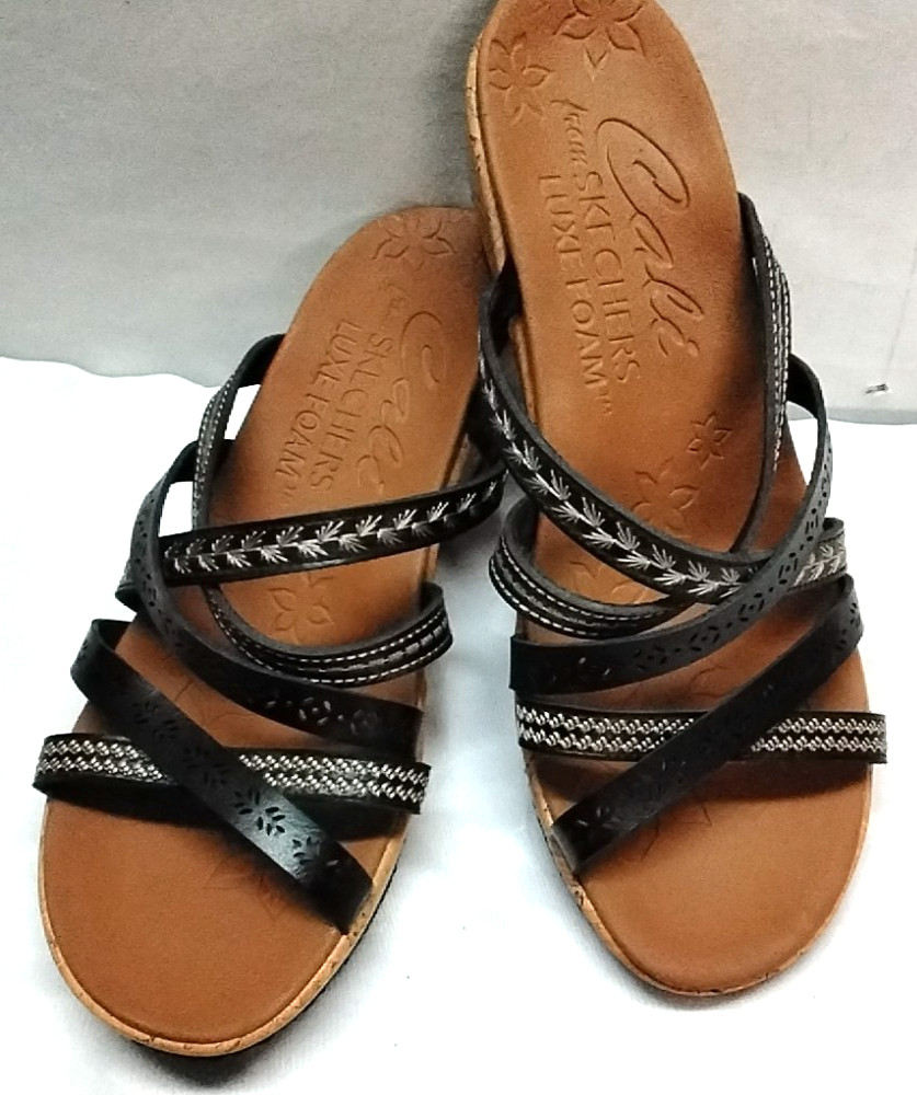 Women’s 10 M CALI From SKECHERS Black Strappy Sandals Luxe Foam Cork Wedge 31714
