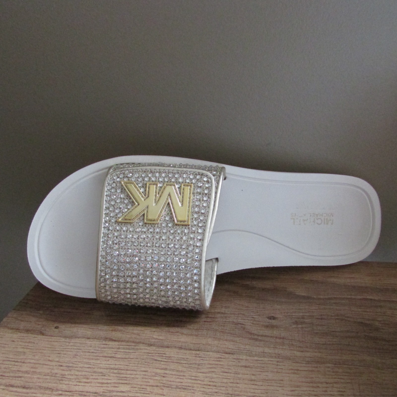 MICHAEL KORS GOLD SILVER WHITE CRYSTAL GLITTER MK LOGO DESIGNER SLIDE SANDALS-8