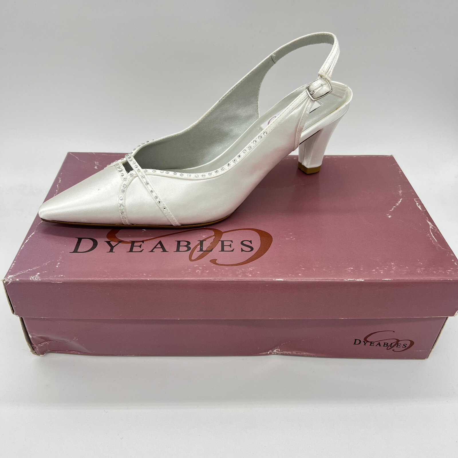 Dyeables Block Heel Women Satin Buckle Pointed Slingback Shoes White Satin 8.5B