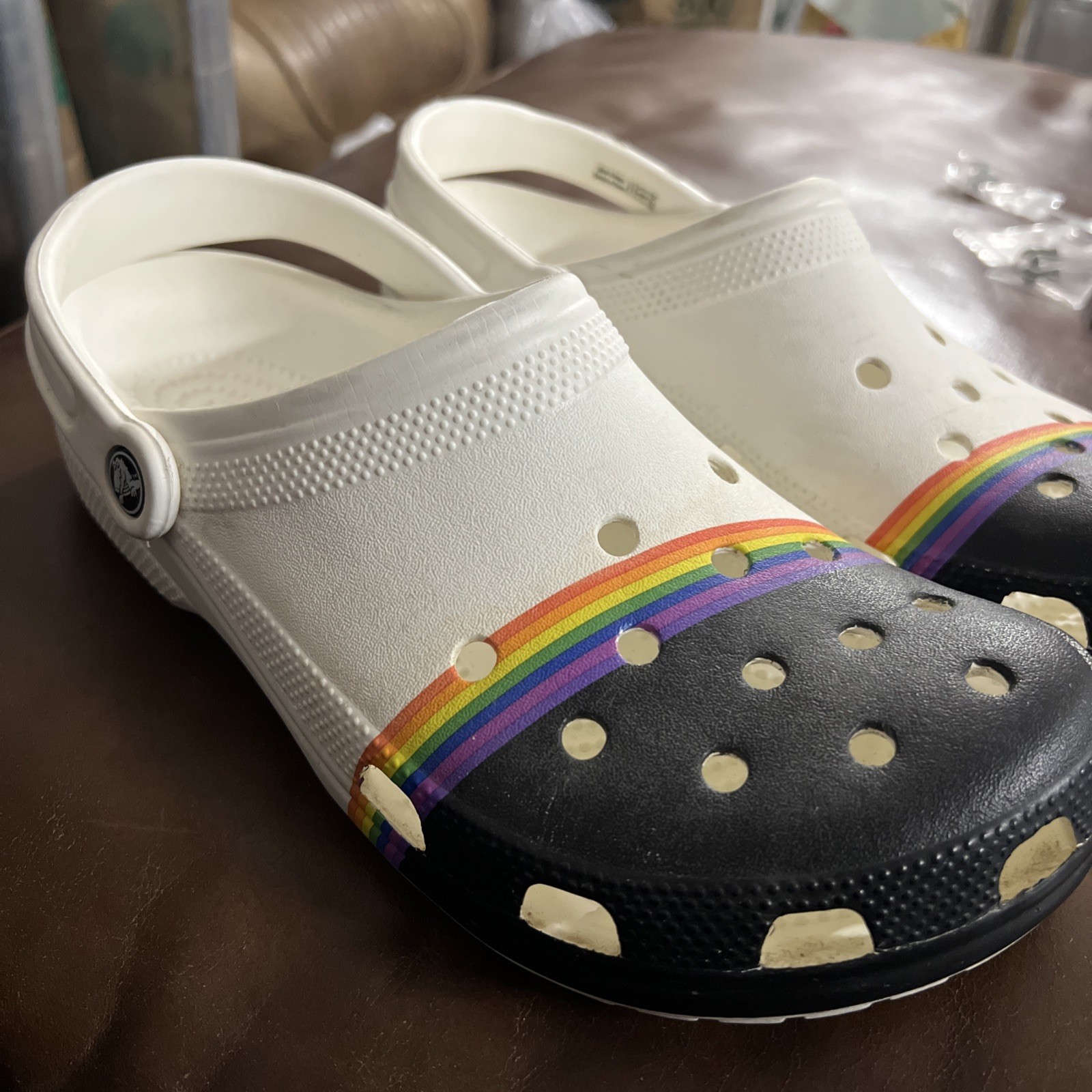 Crocs Platform Classic Crocband White/Rainbow Band Pride Clogs Men 10/ Women 12