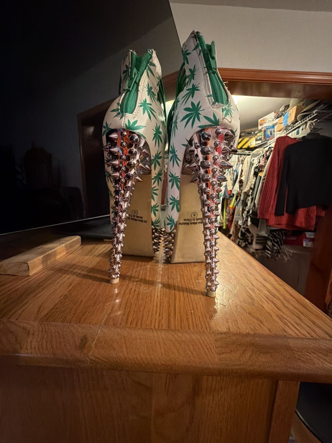 Kush Kouture Stiletto Platform Heels with Green Leaf Print and Spikes