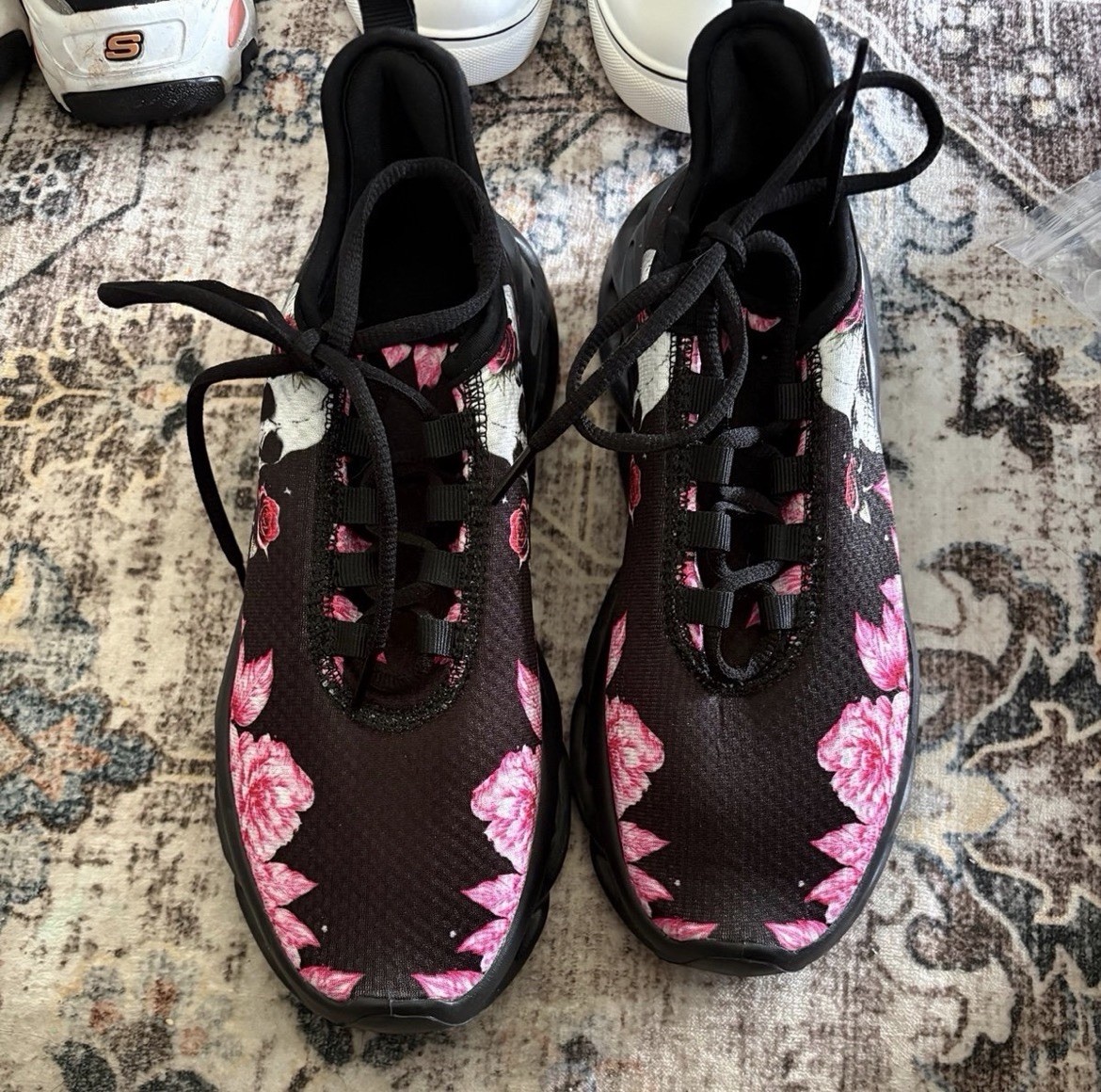 Women’s Floral Black Athletic Sneakers with Pink Rose Print and skull