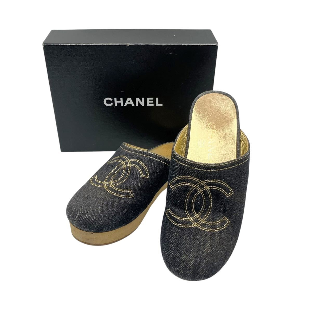 CHANEL Cocomark Sabo Sandals Denim Black Size EU34/US3.5