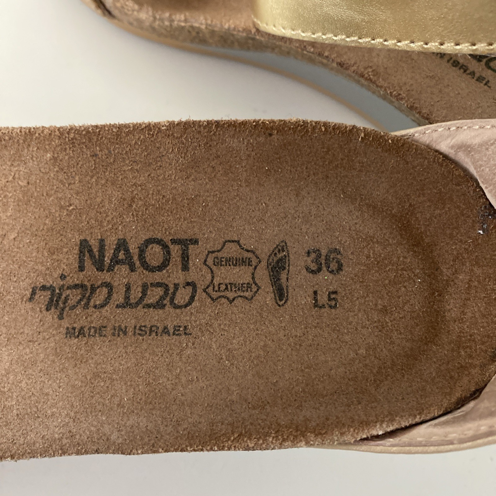 Naot Pixie Low Wedge Sandal Gold Tan Cork Open Toe Ankle Strap Comfort 36 5