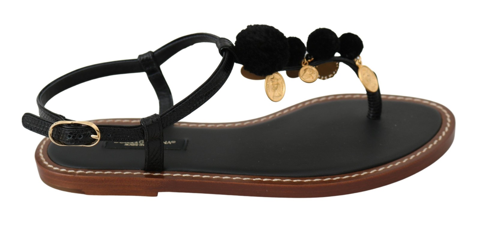 Dolce & Gabbana Black Leather Coins Flip Flops Sandals Women’s Shoes