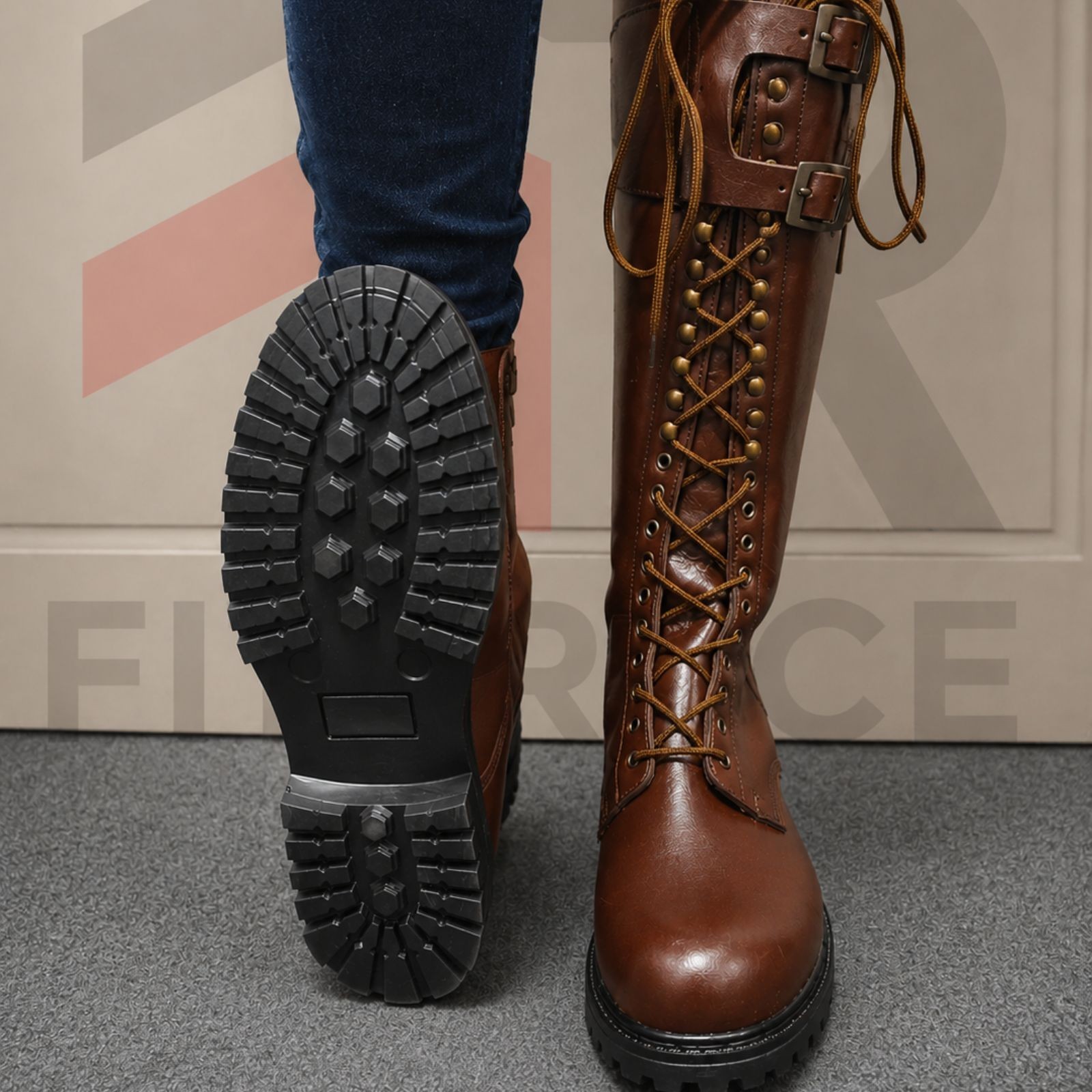Handmade Men’s Brown Leather Lace Up Boots Military Style Rubber Sole Long Boot