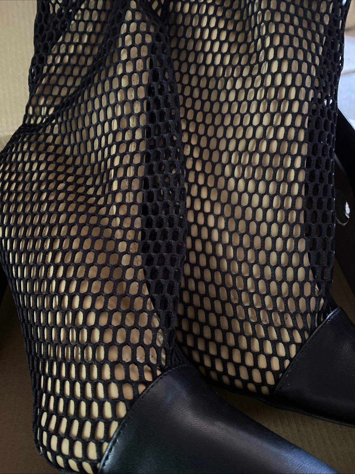 Sz 11 Fashion Nova Knee High Nude Combo Fishnet Boots NIB Dust Bags