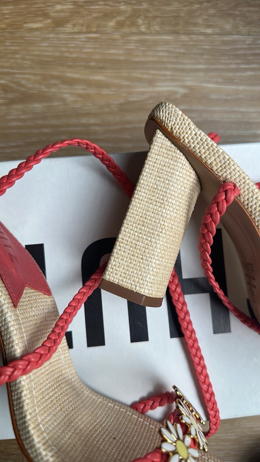 Coral Braided Strap Daisy Flower Heel NWT