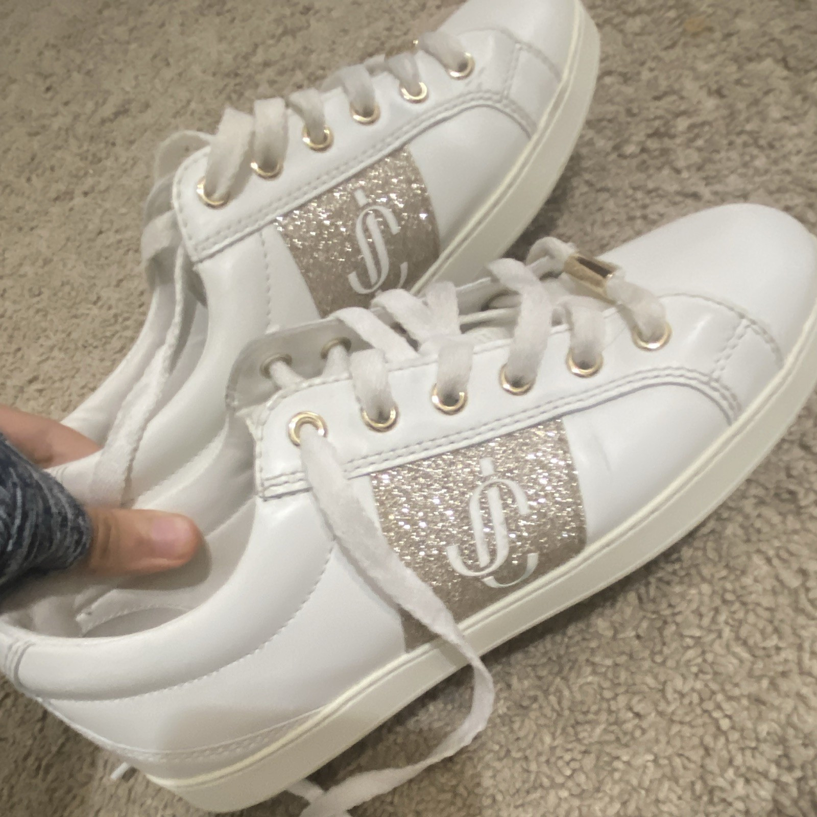 Jimmy Choo White Gold Glitter Logo Low Top Sneakers Women’s Lace Up MH2201