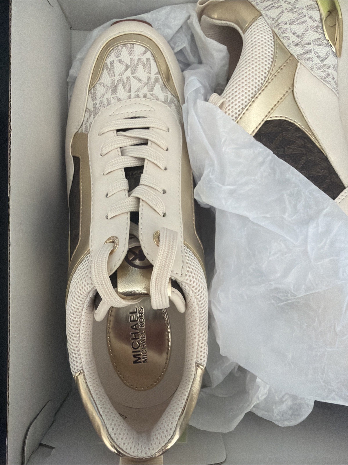Michael Kors Brown And Beige And Gold Tennis Shoes Size 8 1/2 Women. Wilma Train