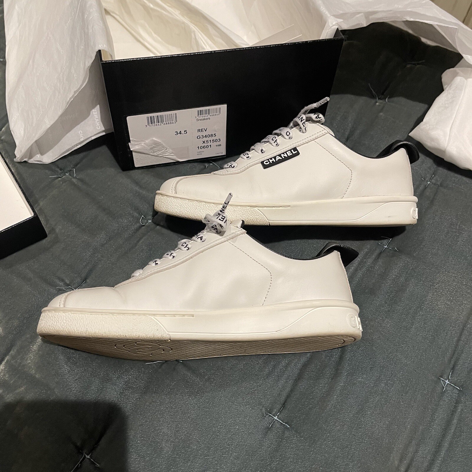 Chanel Logo Pull Tab Lace-up Sneakers White & Black Size 34.5