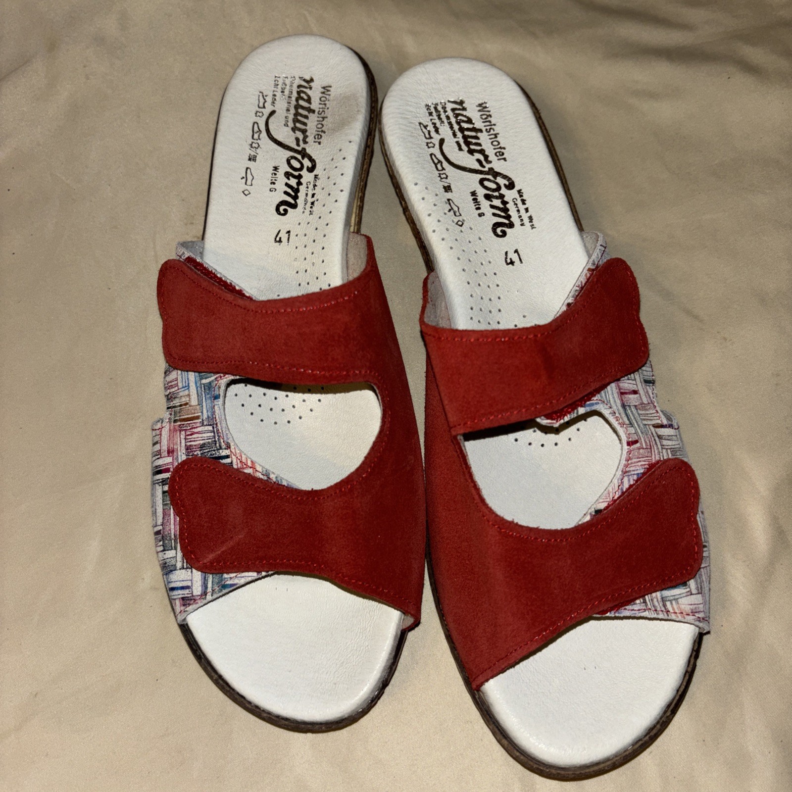 WORISHOFER Germany Sandals 41 Red Multicolor Hatch Print Natur-form Wedge Shoes