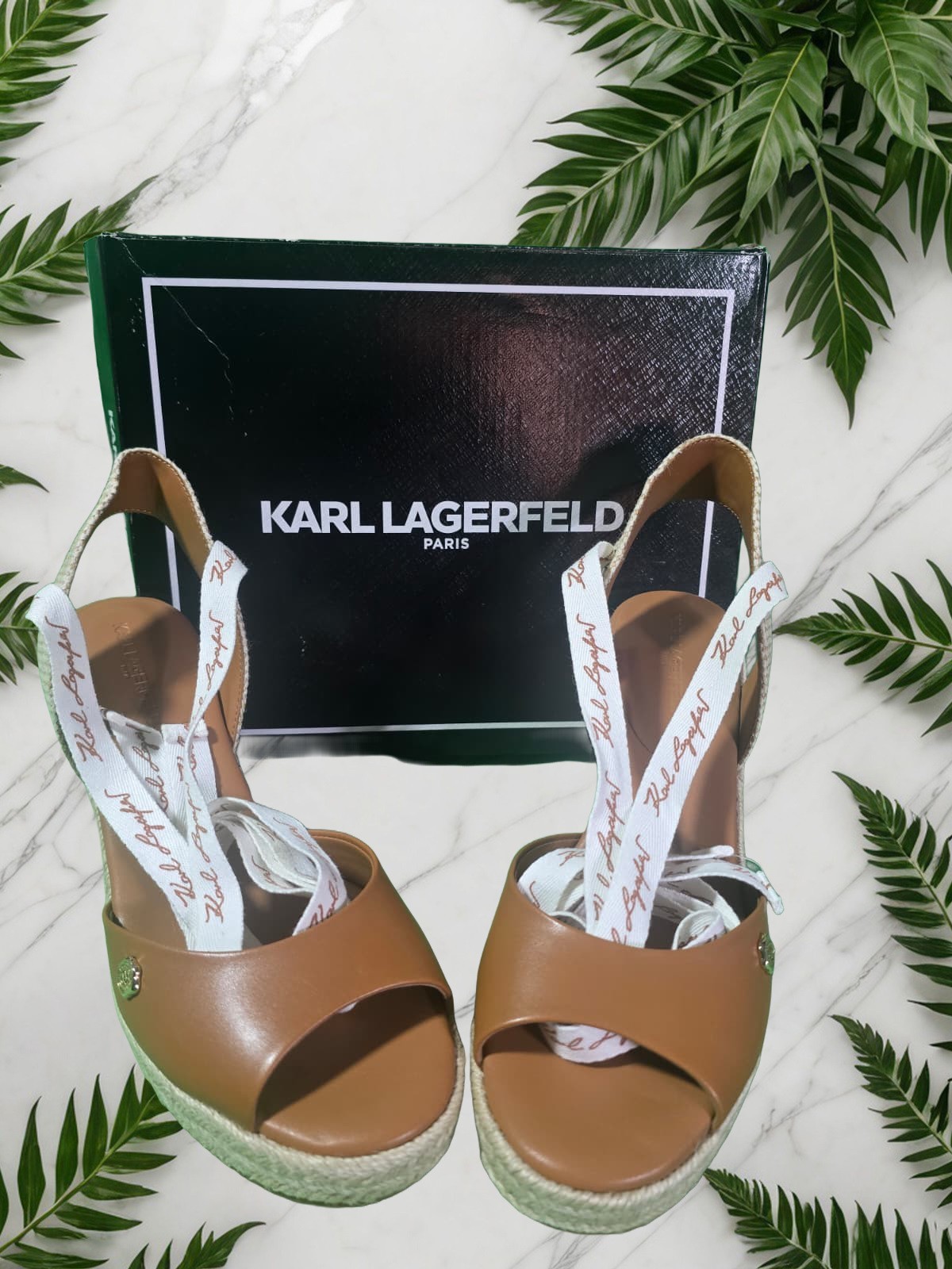 Ankle Tie Espadrilles Women’s Size 10 Platform Tan Karl Lagerfield Paris Cecilia