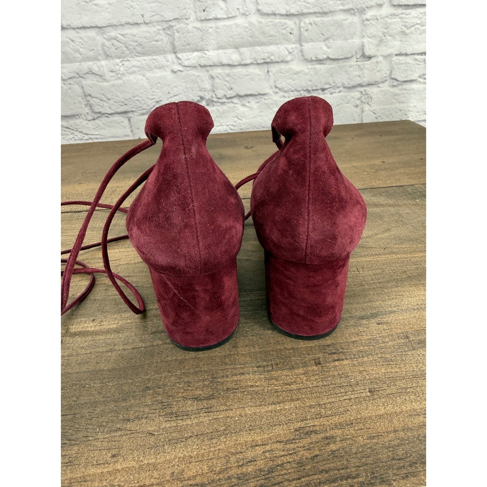 Loeffler Randall Clara Burgundy Suede Ankle Wrap Block Heel Pumps 9B Balletcore