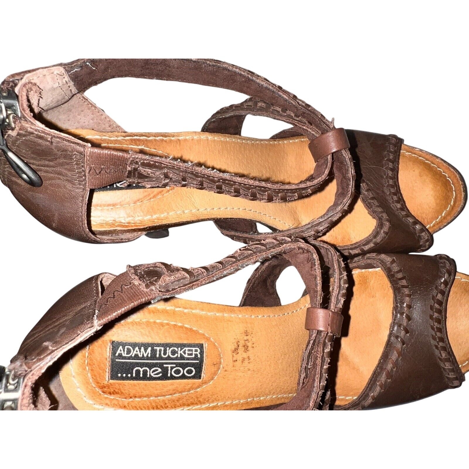 Adam Tucker Me Too Brown Leather Woven Whipstitch Ankle Strap Heels Size 9.5M
