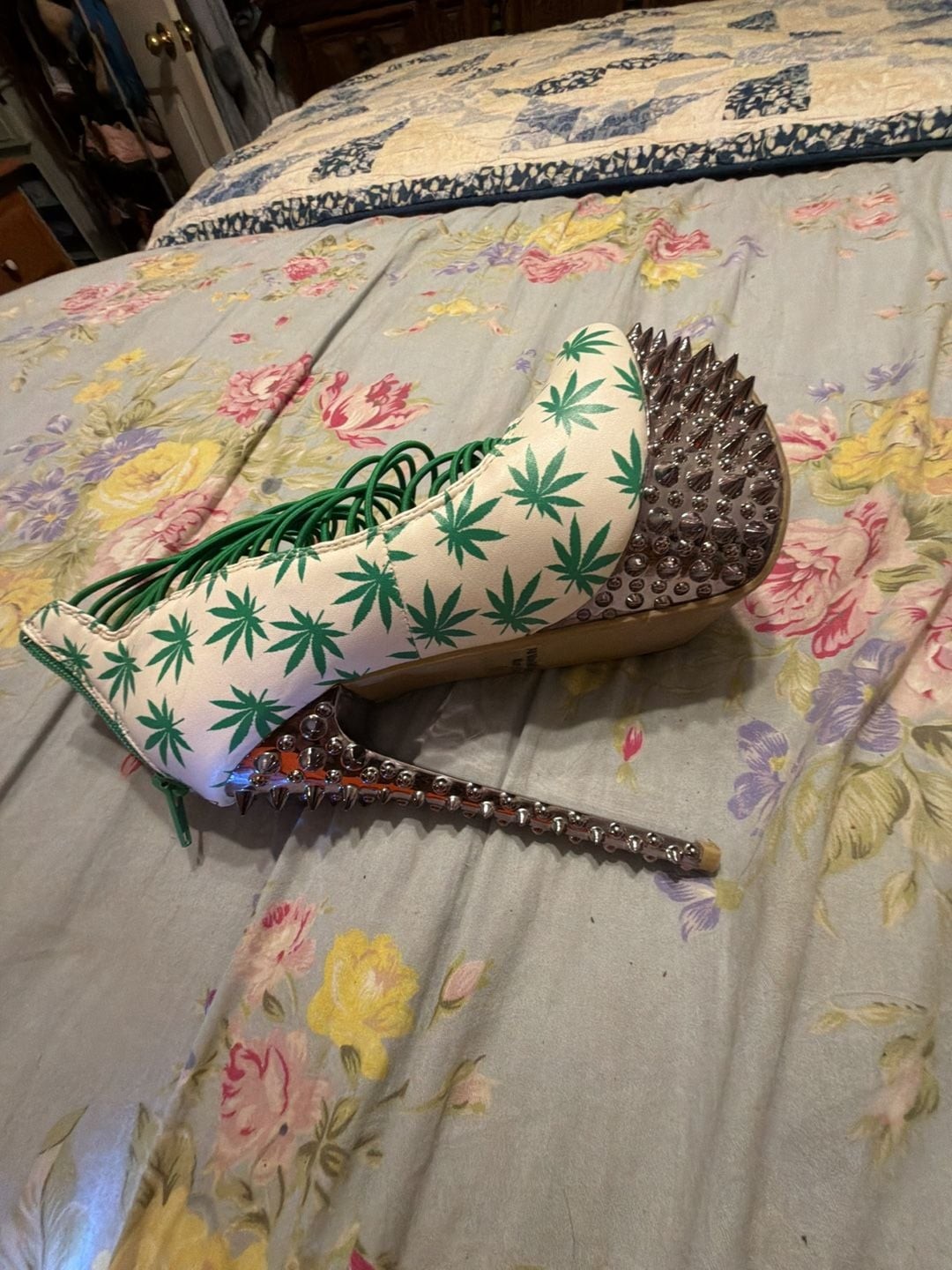 Kush Kouture Stiletto Platform Heels with Green Leaf Print and Spikes
