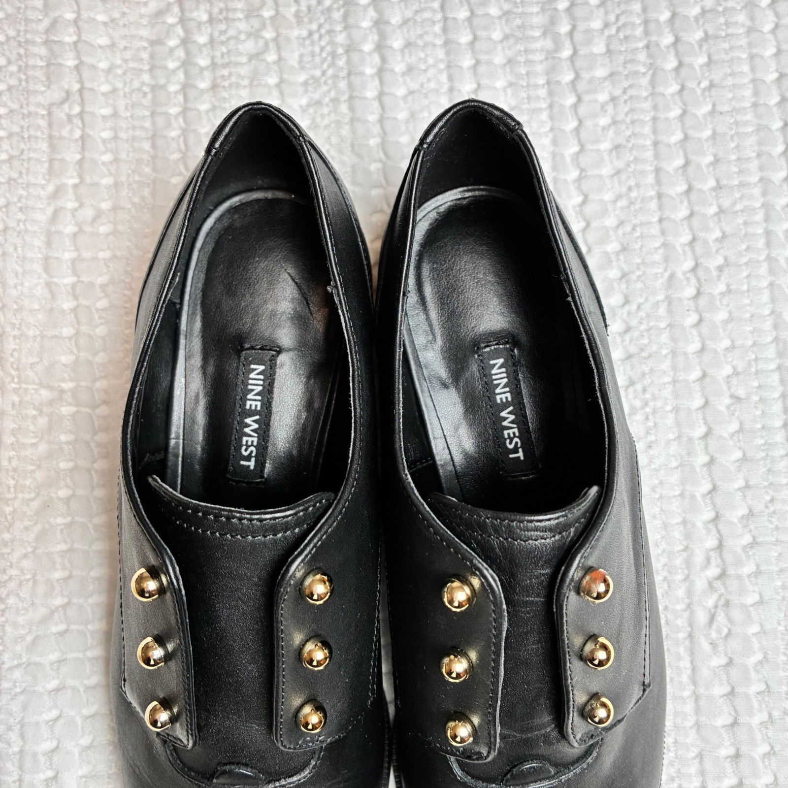 Nine West Wearable Oxfords 8.5 Black Leather Gold Stud Academia Edwardian Whimsi