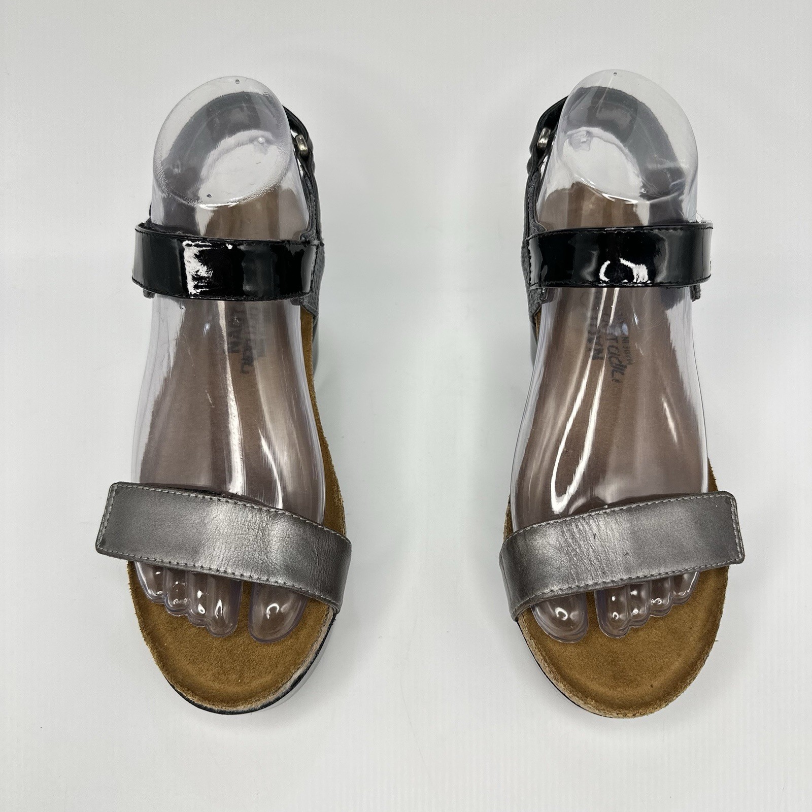 Naot-Miracle Women 6 US EUR 37 Pewter Black Cork Wedge Adj Ankle Strap