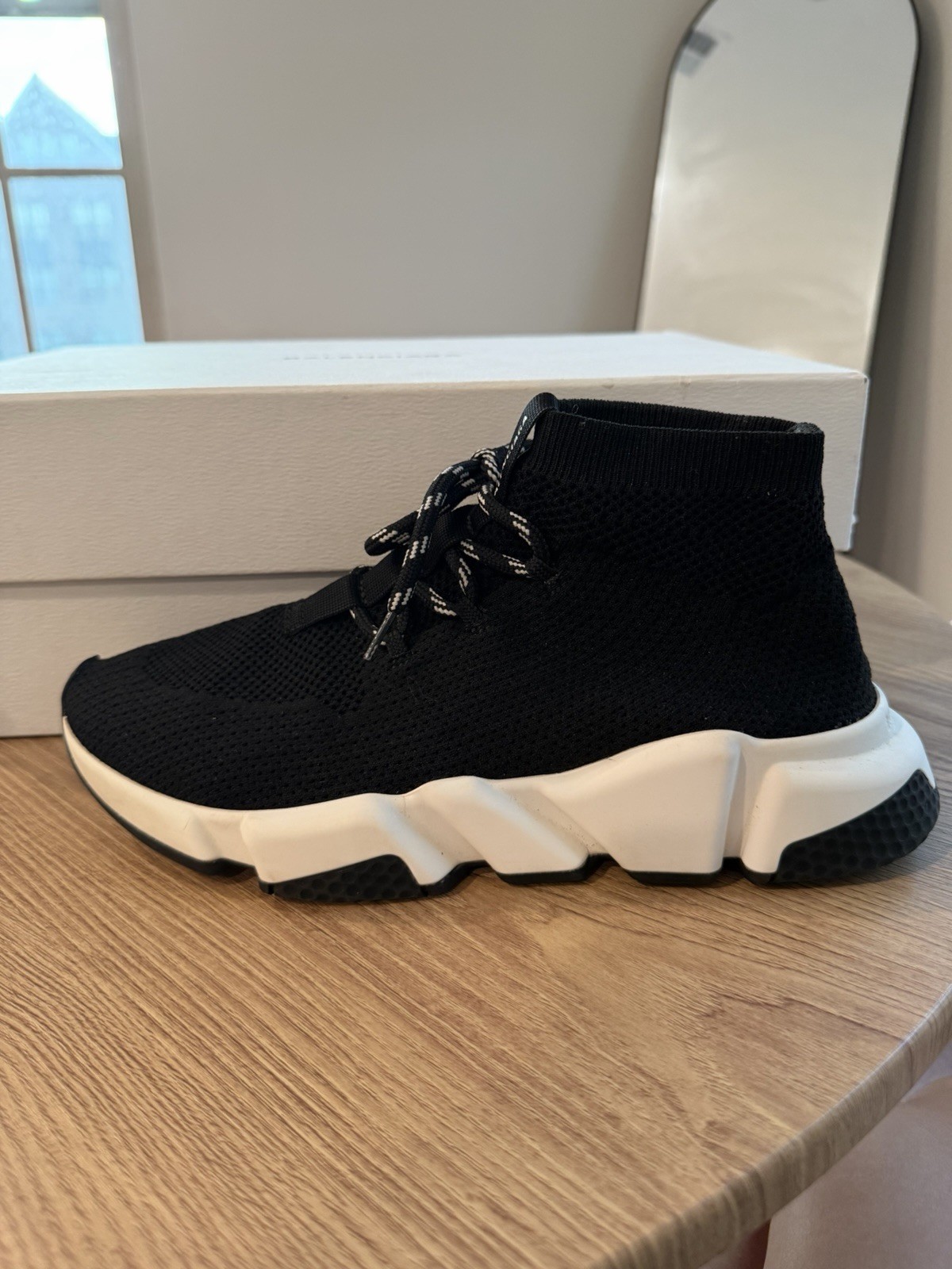 Balenciaga Speed Knit Mid Top Sneaker Black/White Lace Up Logo 517319W07U0