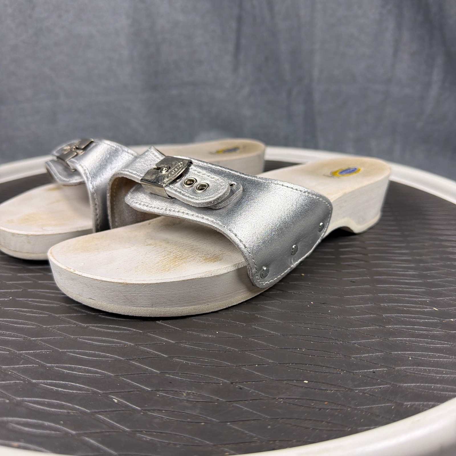 Dr Scholls Original Sandals Womens 6.5 Silver Platform Slides Buckle