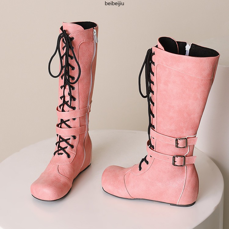 Women’s Mid Calf Hidden Wedge Heel Boots Lace Up Buckle Casual Shoes 48/49/50