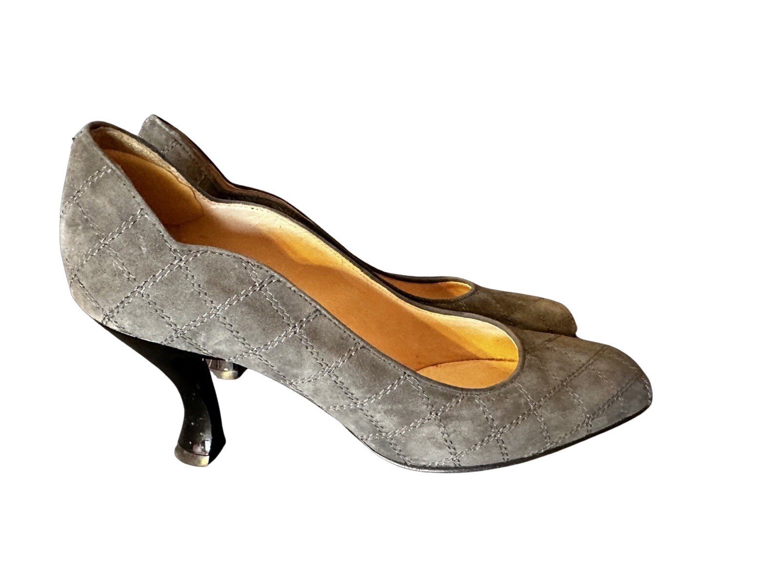 ANYI LU Greenish Gray Suede Semi Round Toe Classic Pumps 9/40 Made In Italy