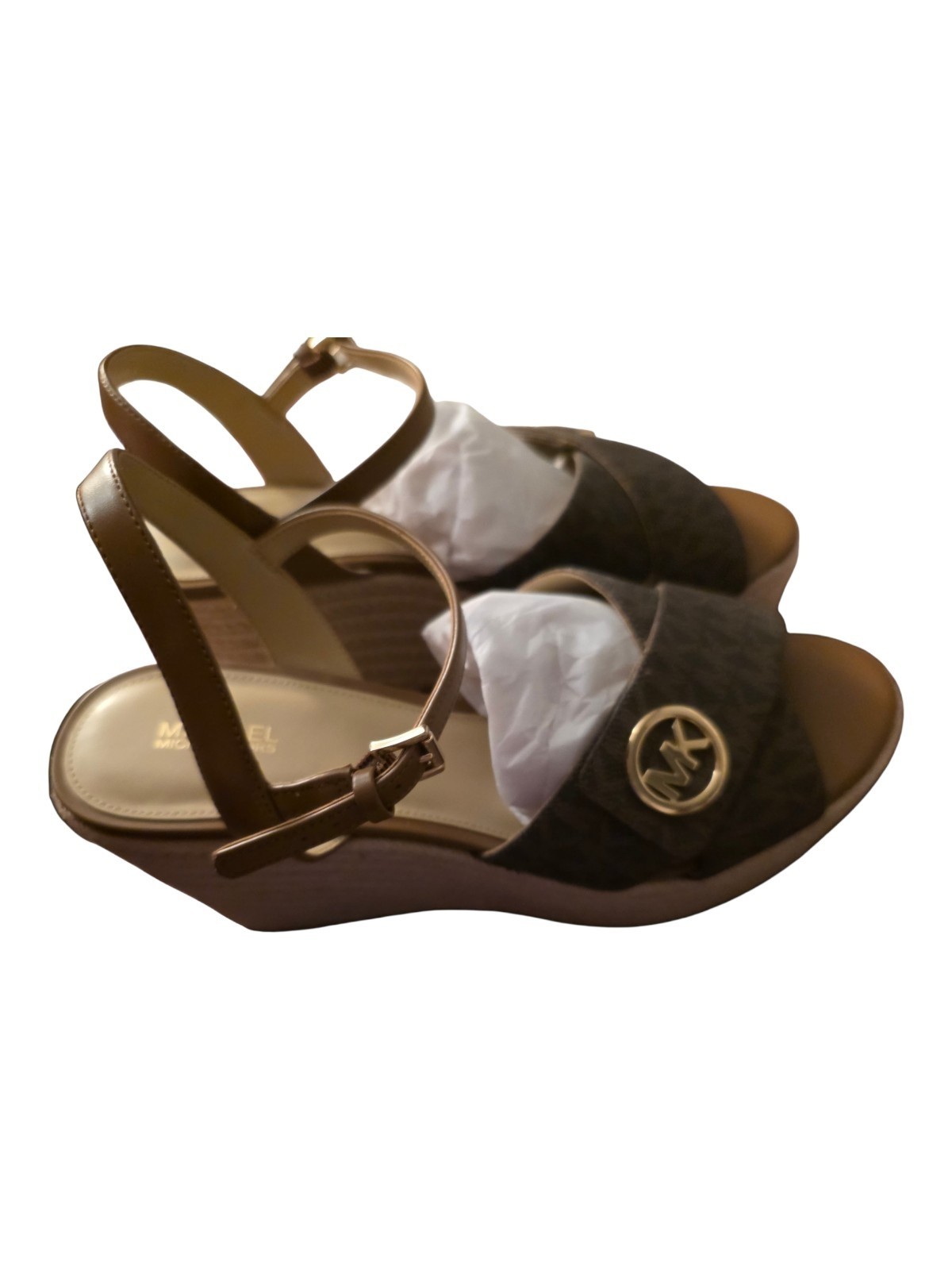 Michael Kors Brown/Beige MK Logo Platform Wedge Sandals Buckle Ankle Strap 10