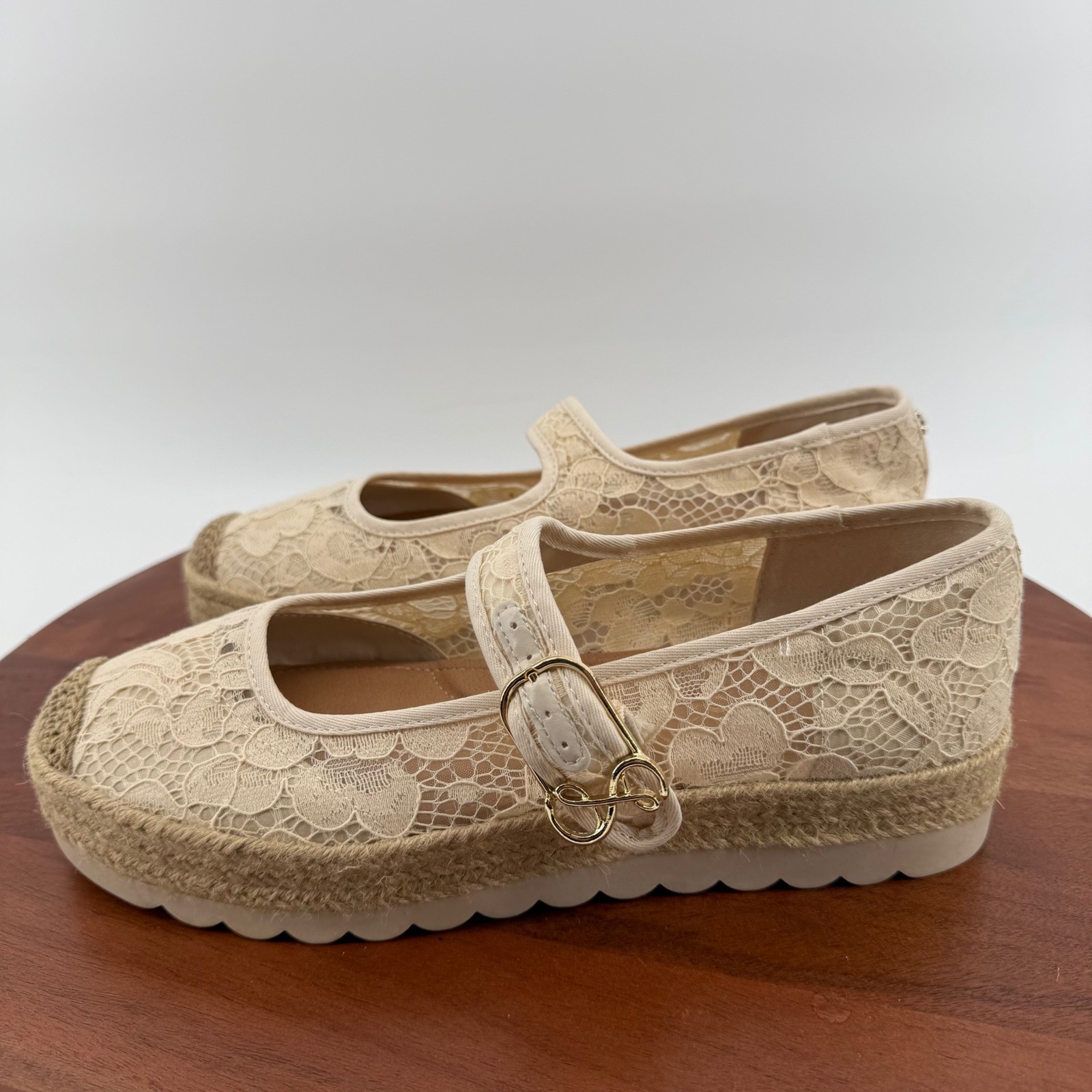 Sam & Libby Mary Jane Espadrille Women Beige Floral Lace Platform Shoes 10