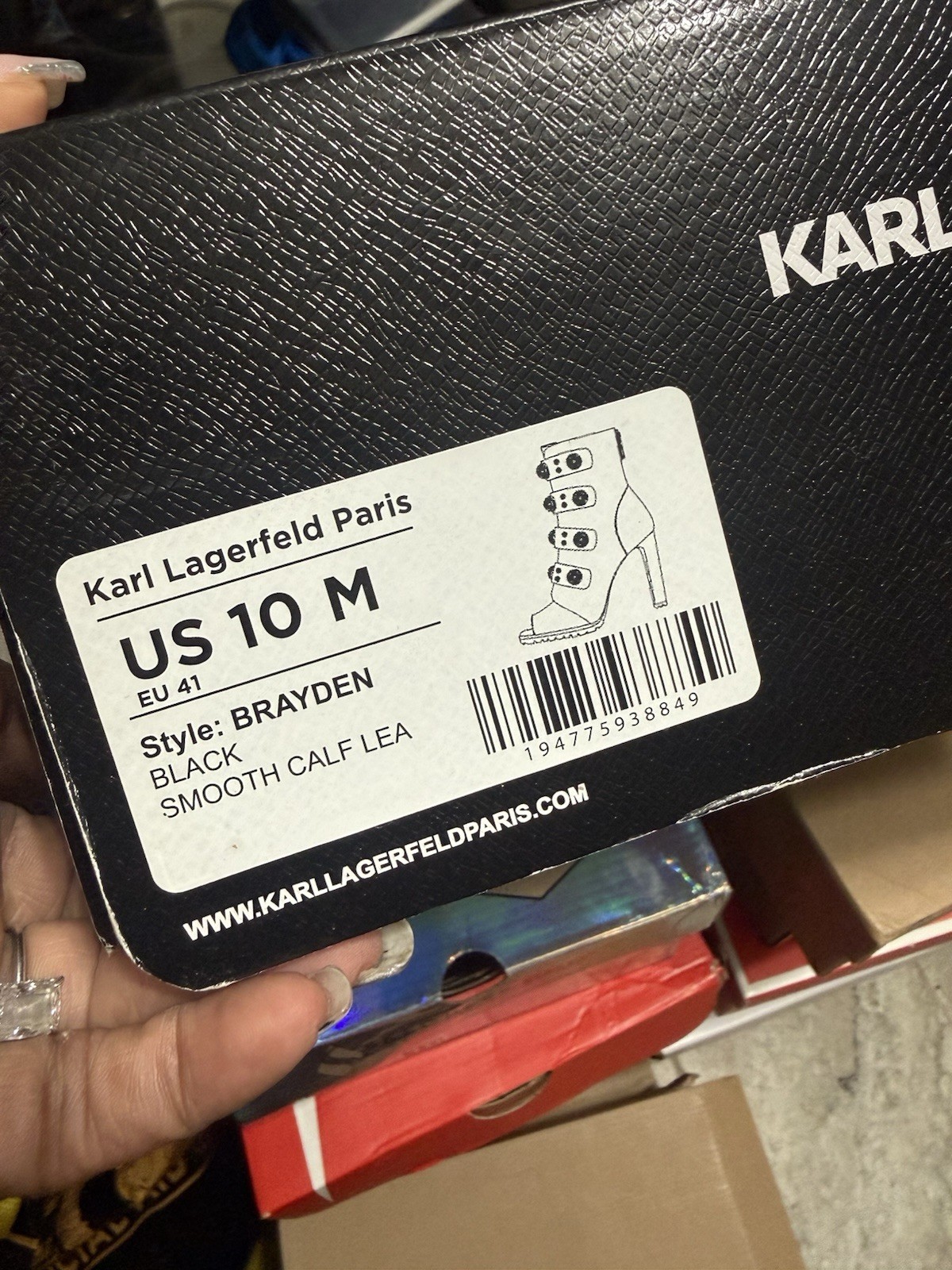 Karl Lagerfeld Paris Brayden Black Leather Pearl Studded Open Toe Bootie Zip 10M