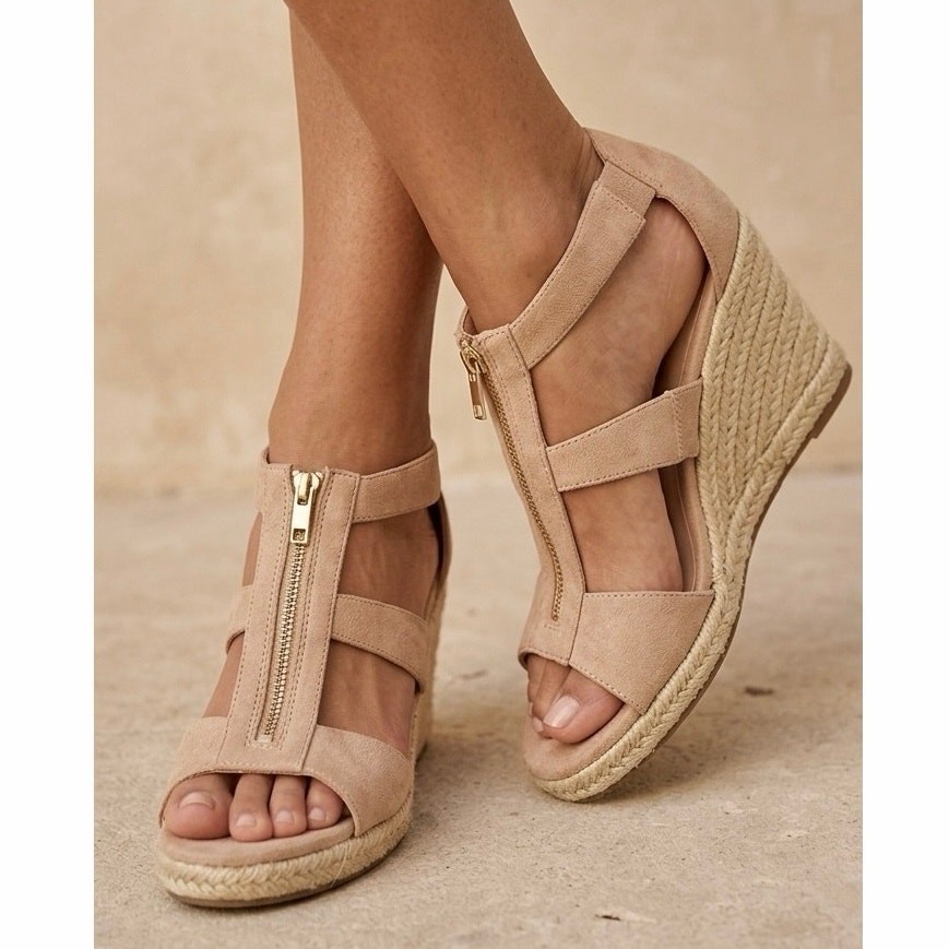 JustFab Tan Faux Suede Espadrille Wedge Sandals with Zip Detail – Size 8.5